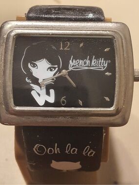 🦋10/$20🦋 French Kitty ooh La La Silver/Black Leather Women's Watch